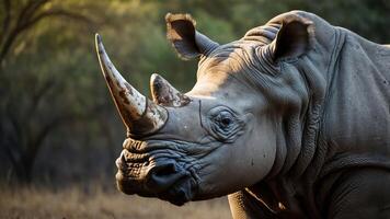A close-up of a rhinoceros in a natural setting, showcasing its features and habitat. photo