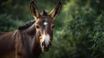 A close-up of a mule with expressive ears and a gentle demeanor in a natural setting. photo