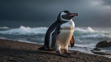 A penguin stands on a beach with waves crashing in the background during sunset. photo