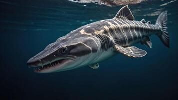 A close-up view of a shark swimming underwater, showcasing its features and habitat. photo