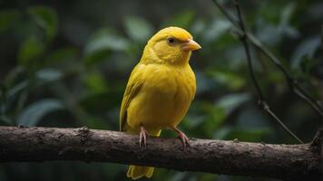 A vibrant yellow bird perched on a branch in a natural setting. photo