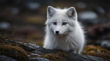 A close-up of an Arctic fox in a natural setting, showcasing its striking white fur. photo