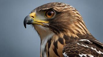 A close-up of a hawk showcasing its sharp features and striking colors against a blurred background. photo