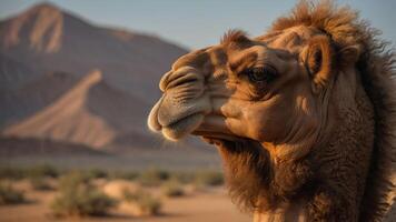 A close-up of a camel in a desert landscape during sunset. photo