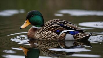 A mallard duck swimming gracefully in calm water, showcasing its vibrant plumage and reflection. photo