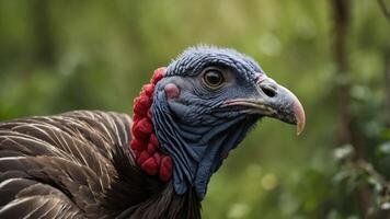 A close-up of a turkey vulture showcasing its distinctive features and colorful skin. photo