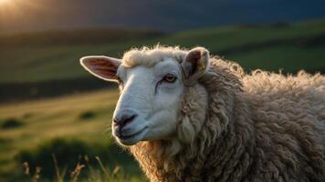 A close-up of a sheep in a serene landscape during golden hour. photo