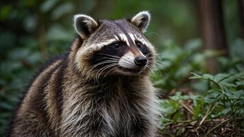 A close-up of a raccoon in a natural setting, showcasing its distinctive facial markings. photo