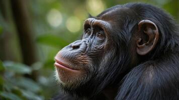 A close-up of a chimpanzee in a natural setting, showcasing its expressive features. photo