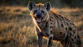 A hyena stands in a grassy field, showcasing its unique features and playful demeanor. photo