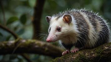 A close-up of an opossum perched on a branch in a lush, green environment. photo