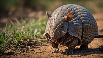 A close-up of an armadillo on a dirt path surrounded by grass. photo