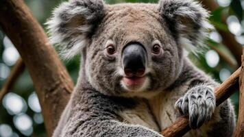A close-up of a koala perched on a branch, showcasing its distinctive features and fur. photo