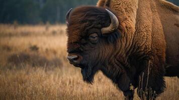 A close-up of a bison in a grassy field, showcasing its majestic features and habitat. photo