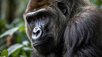 A close-up of a gorilla's face, showcasing its expressive eyes and textured fur. photo