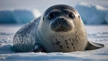 A close-up of a seal resting on ice, showcasing its curious expression and spotted fur. photo