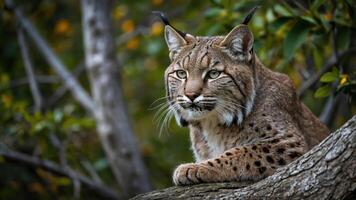 A close-up of a lynx resting on a branch in a natural setting. photo