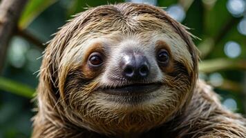 A close-up of a smiling sloth in a natural setting, showcasing its unique features. photo
