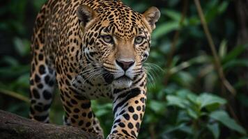 A close-up of a jaguar walking through lush greenery, showcasing its striking coat and features. photo