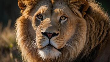 A close-up of a lion's face showcasing its majestic features and intense gaze. photo