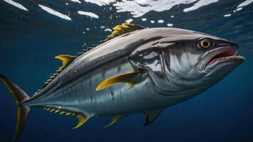 A close-up of a tuna swimming underwater, showcasing its sleek body and vibrant colors. photo