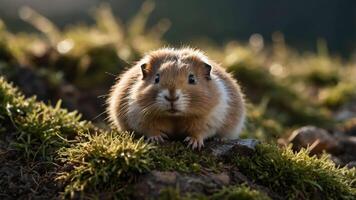 A close-up of a small, furry animal resting on green moss in a natural setting. photo