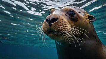 un de cerca de un sello nadando submarino, exhibiendo sus bigotes y curioso expresión. foto