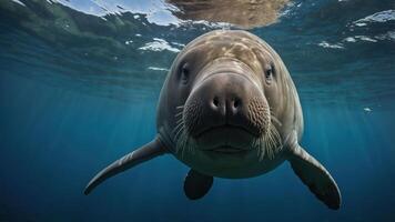 A close-up underwater shot of a curious marine mammal, showcasing its expressive features. photo