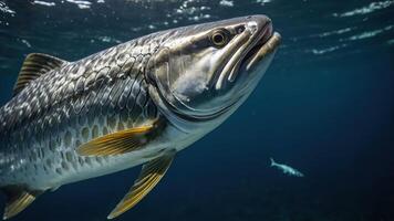 A close-up of a fish swimming underwater, showcasing its scales and surroundings. photo