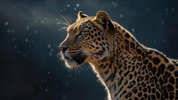 A close-up of a leopard in profile, showcasing its distinctive spots and intense gaze. photo