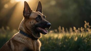 A close-up of a dog in a sunlit field, showcasing its attentive expression. photo