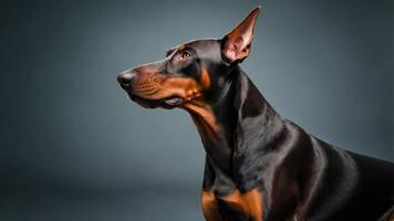 A close-up profile of a Doberman with a sleek coat against a dark background. photo