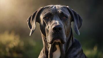 A close-up portrait of a Great Dane with a soft background. photo