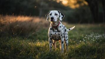 A Dalmatian dog stands in a sunlit field, surrounded by grass and soft lighting. photo