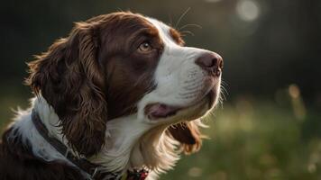 A close-up portrait of a dog in a natural setting, showcasing its expressive features. photo