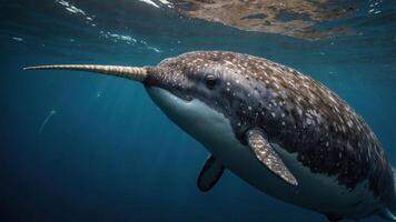 A narwhal swims gracefully underwater, showcasing its long tusk and distinctive spotted skin. photo