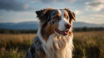 A close-up of a dog in a field during sunset, showcasing its fur and expressive eyes. photo