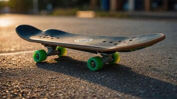 A skateboard resting on the ground, illuminated by warm sunlight during golden hour. photo