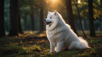 A serene white Samoyed dog sitting in a sunlit forest, surrounded by trees and nature. photo