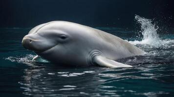 A beluga whale swimming gracefully in calm waters, showcasing its unique features. photo