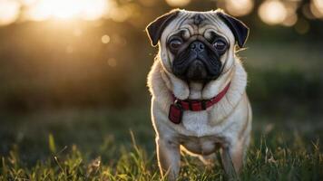 A pug stands in a grassy field during sunset, showcasing its cute features and playful demeanor. photo