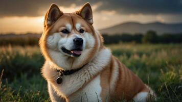 A fluffy dog sitting in a grassy field during sunset, showcasing its friendly demeanor. photo