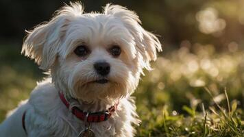 A close-up of a small white dog sitting on grass, illuminated by soft sunlight. photo