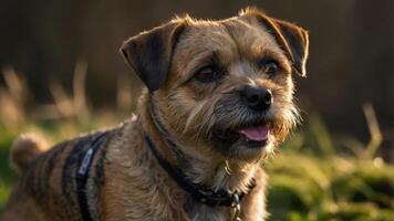 A close-up of a dog with a playful expression in a natural outdoor setting. photo