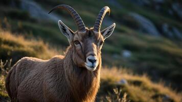 A close-up of a goat with curved horns in a natural setting. photo