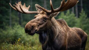 A close-up of a moose in a natural forest setting. photo