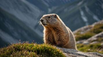 A marmot perched on a rocky surface, set against a mountainous backdrop. photo