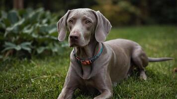 A Weimaraner dog lying on grass, looking curiously at the camera in a natural setting. photo