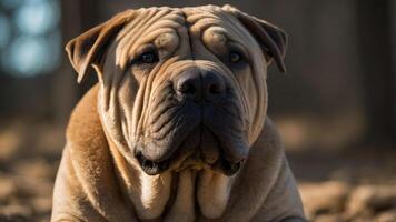 A close-up of a Shar Pei dog showcasing its distinctive wrinkled face and expressive eyes. photo