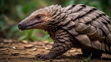 A close-up of a pangolin, showcasing its unique scales and habitat. photo